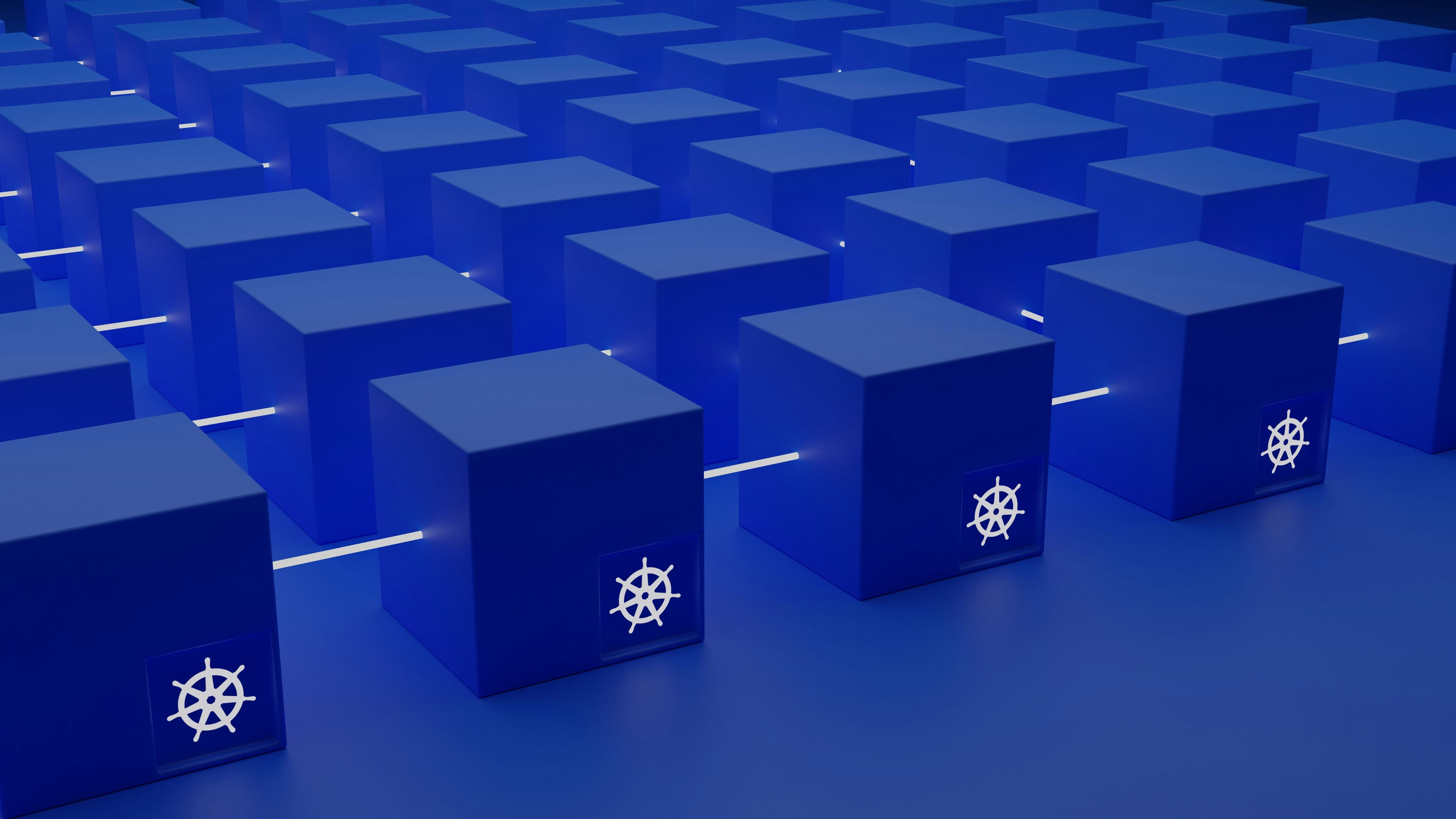 Kubernetes nodes visualized as blue cubes connected by glowing lines